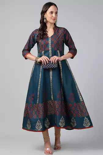 Dark grey cotton printed anarkali kurta