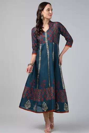 Dark grey cotton printed anarkali kurta