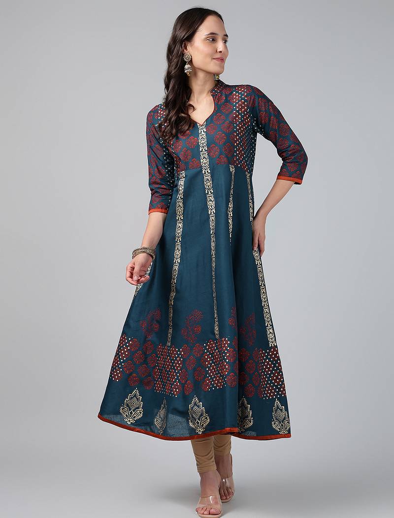 Dark grey cotton printed anarkali kurta
