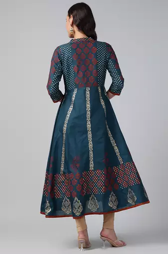 Dark grey cotton printed anarkali kurta