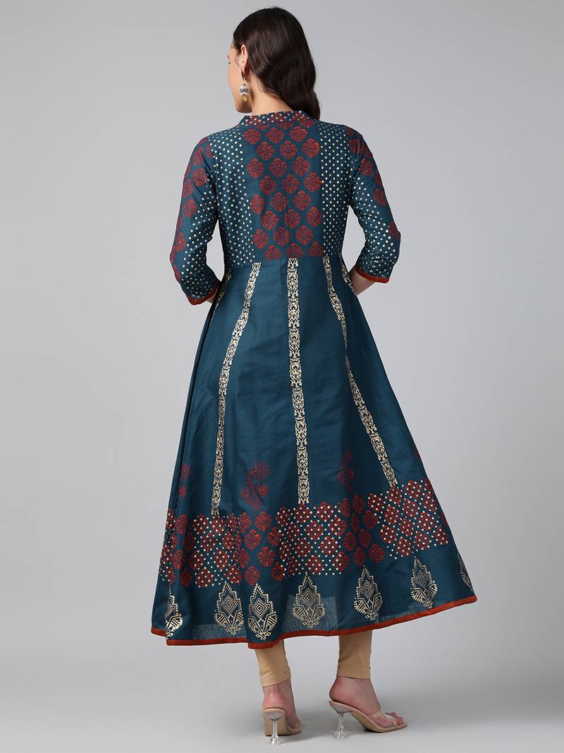 Dark grey cotton printed anarkali kurta