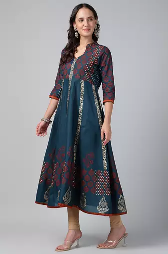 Dark grey cotton printed anarkali kurta