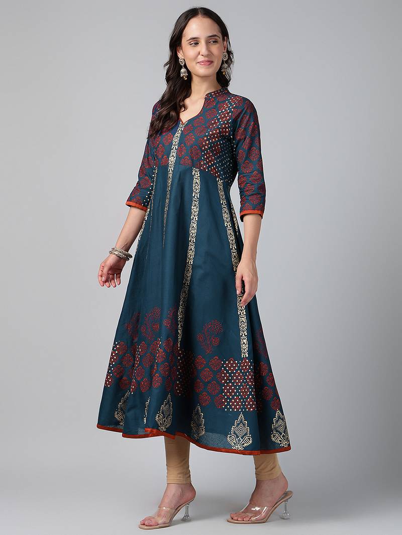 Dark grey cotton printed anarkali kurta
