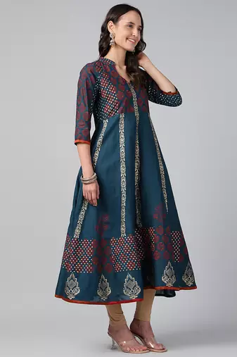 Dark grey cotton printed anarkali kurta