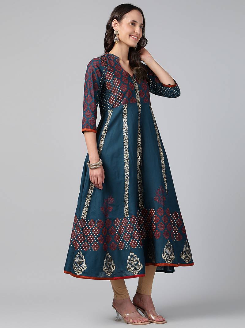 Dark grey cotton printed anarkali kurta