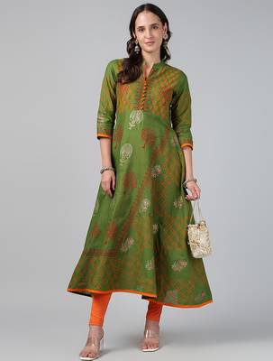 Green cotton printed anarkali kurta 1