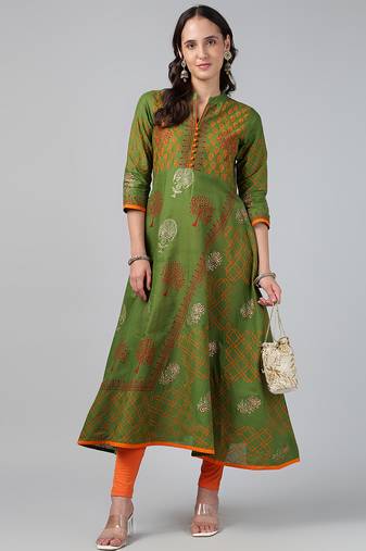 Green cotton printed anarkali kurta