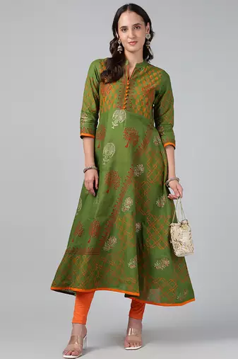 Green cotton printed anarkali kurta