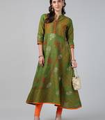 Green cotton printed anarkali kurta