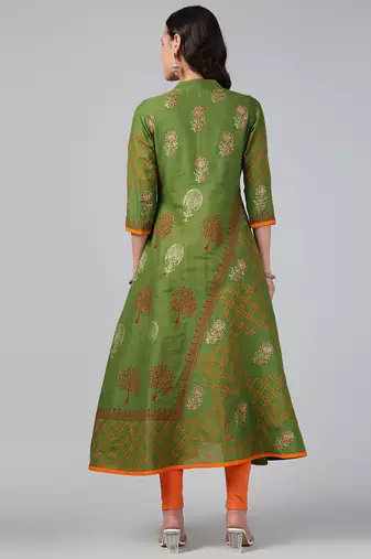 Green cotton printed anarkali kurta