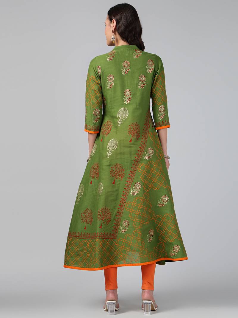 Green cotton printed anarkali kurta