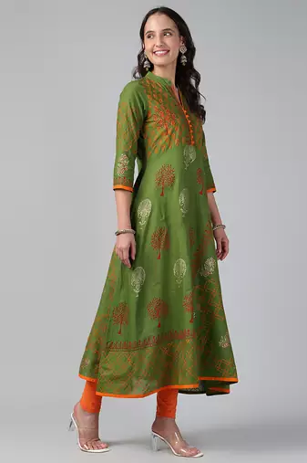 Green cotton printed anarkali kurta