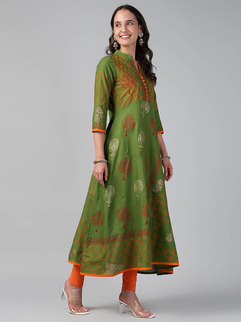 Green cotton printed anarkali kurta