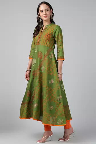 Green cotton printed anarkali kurta