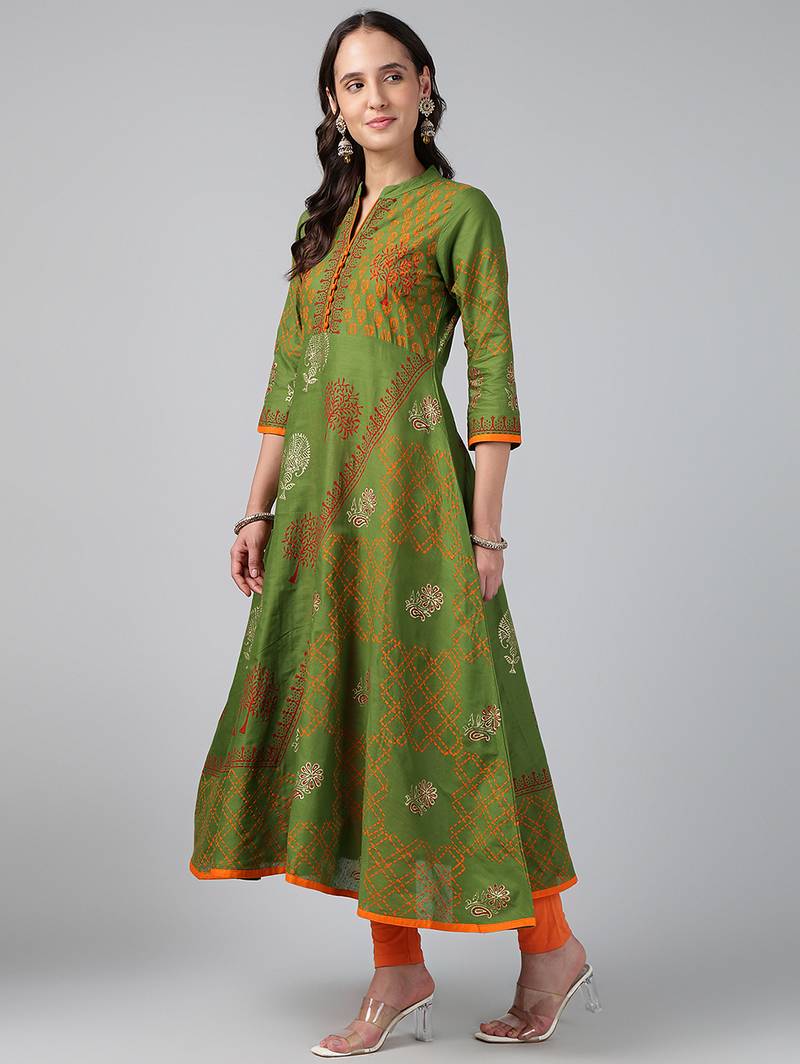 Green cotton printed anarkali kurta