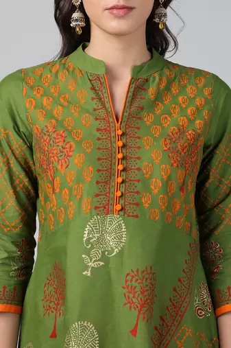Green cotton printed anarkali kurta