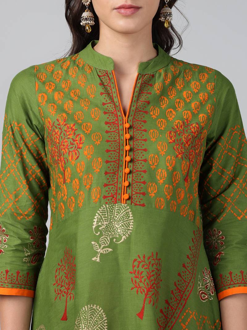 Green cotton printed anarkali kurta