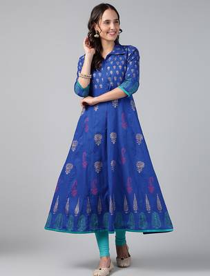 ROYAL BLUE COTTON PRINTED ANARKALI KURTA 1