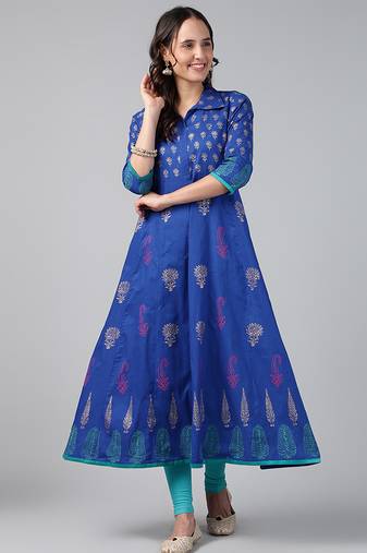 ROYAL BLUE COTTON PRINTED ANARKALI KURTA
