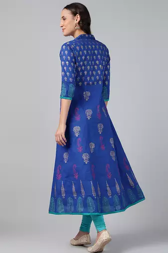 ROYAL BLUE COTTON PRINTED ANARKALI KURTA