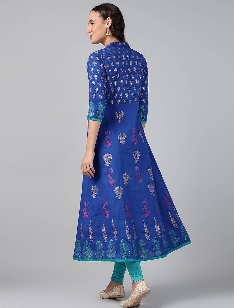ROYAL BLUE COTTON PRINTED ANARKALI KURTA
