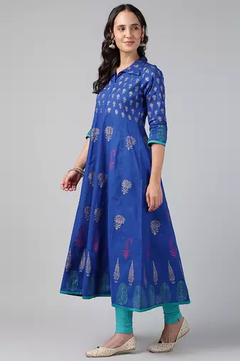 ROYAL BLUE COTTON PRINTED ANARKALI KURTA