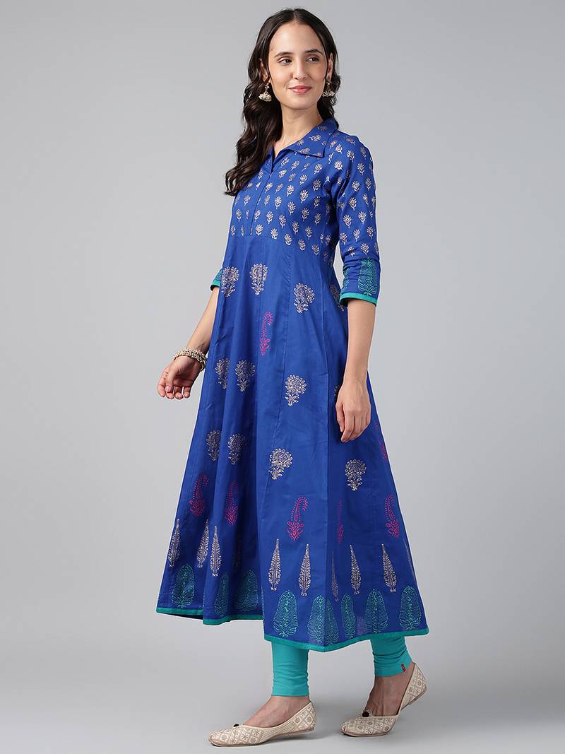 ROYAL BLUE COTTON PRINTED ANARKALI KURTA