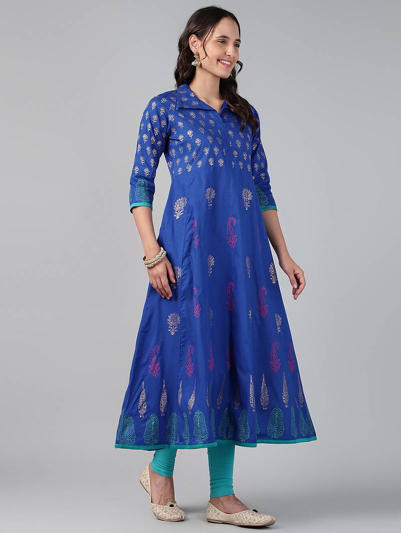 ROYAL BLUE COTTON PRINTED ANARKALI KURTA