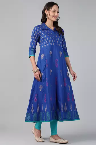 ROYAL BLUE COTTON PRINTED ANARKALI KURTA
