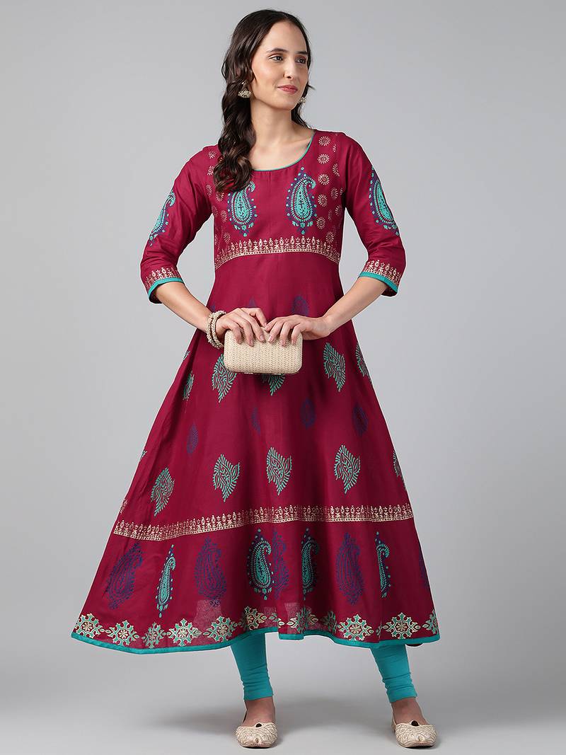Black cotton printed anarkali kurta