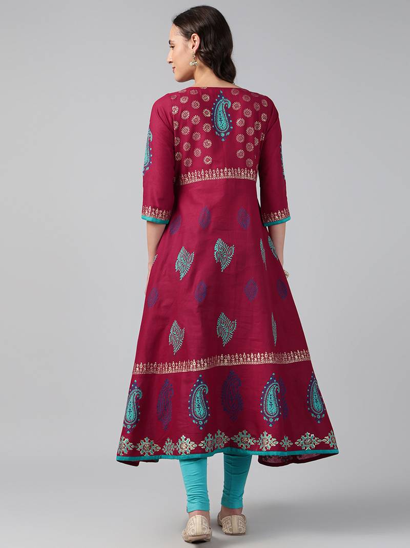 Black cotton printed anarkali kurta