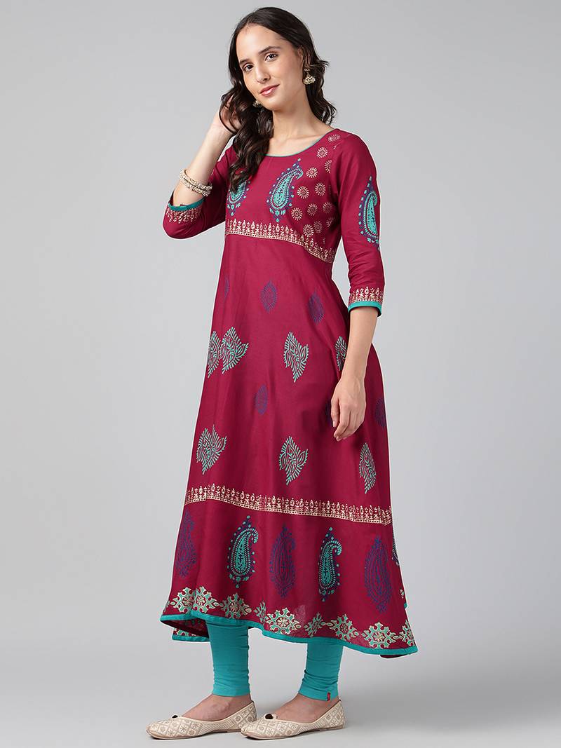 Black cotton printed anarkali kurta