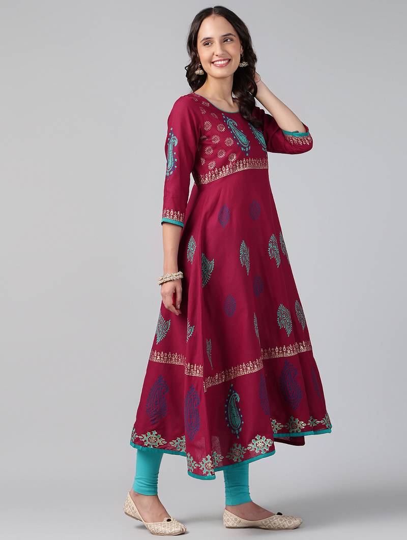 Black cotton printed anarkali kurta