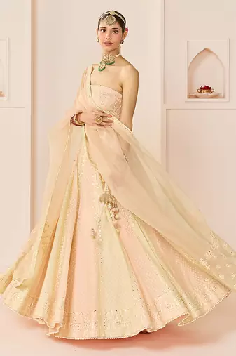 Carnation Pink Embroidered Chanderi Silk Lehenga Set