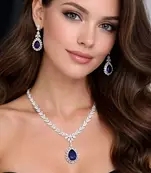 Royal Blue Teardrop Crystal Necklace Earrings Set Bridal Statement Jewelry