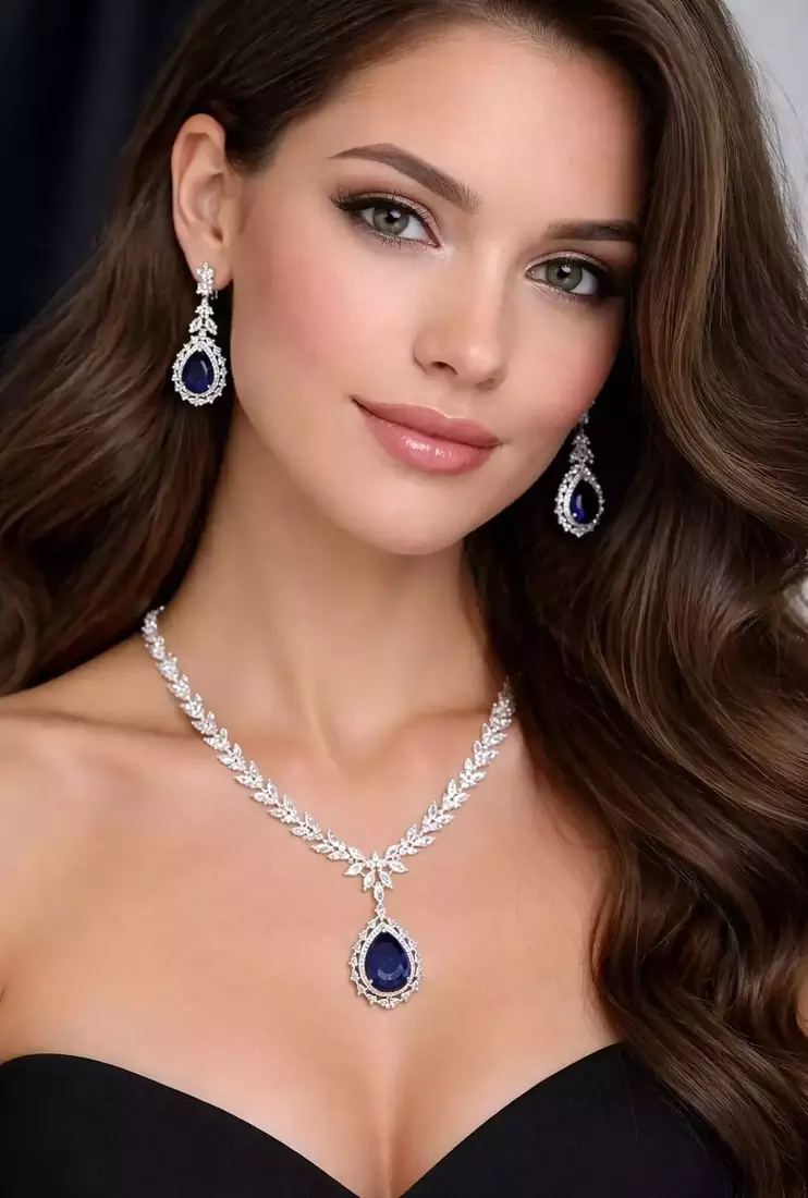 Royal Blue Teardrop Crystal Necklace Earrings Set Bridal Statement Jewelry