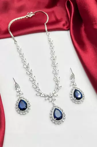 Royal Blue Teardrop Crystal Necklace Earrings Set Bridal Statement Jewelry