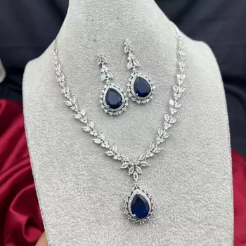 Royal Blue Teardrop Crystal Necklace Earrings Set Bridal Statement Jewelry 3