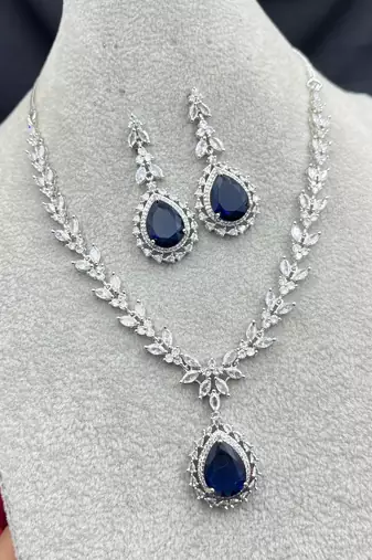 Royal Blue Teardrop Crystal Necklace Earrings Set Bridal Statement Jewelry