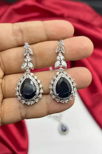Royal Blue Teardrop Crystal Necklace Earrings Set Bridal Statement Jewelry