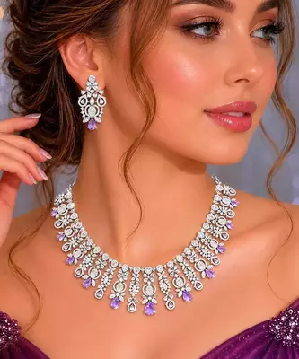Silver Plated Amethyst Cubic Zirconia Choker Necklace Earrings Set Bridal Statement Jewelry 2