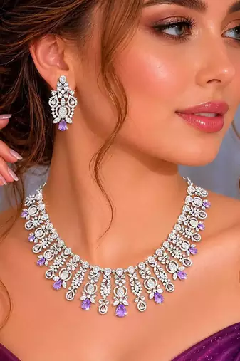 Silver Plated Amethyst Cubic Zirconia Choker Necklace Earrings Set Bridal Statement Jewelry