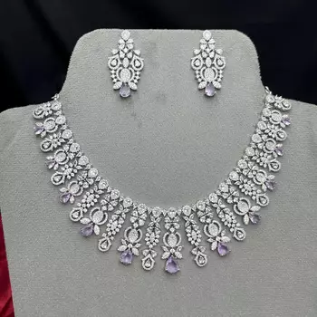 Silver Plated Amethyst Cubic Zirconia Choker Necklace Earrings Set Bridal Statement Jewelry 1