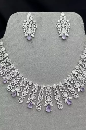 Silver Plated Amethyst Cubic Zirconia Choker Necklace Earrings Set Bridal Statement Jewelry