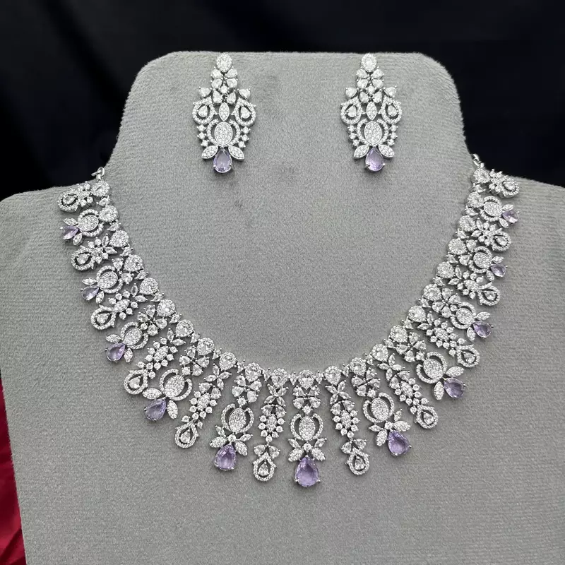 Silver Plated Amethyst Cubic Zirconia Choker Necklace Earrings Set Bridal Statement Jewelry