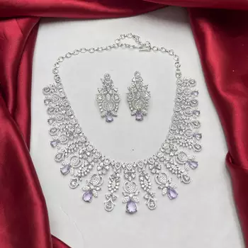 Silver Plated Amethyst Cubic Zirconia Choker Necklace Earrings Set Bridal Statement Jewelry 3