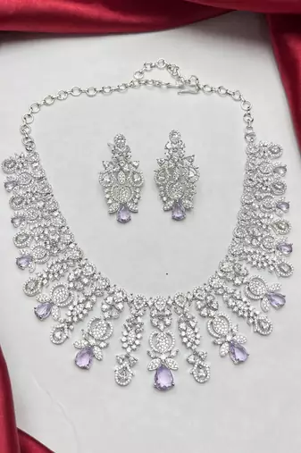 Silver Plated Amethyst Cubic Zirconia Choker Necklace Earrings Set Bridal Statement Jewelry