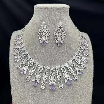 Silver Plated Amethyst Cubic Zirconia Choker Necklace Earrings Set Bridal Statement Jewelry 4