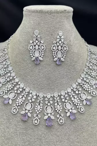 Silver Plated Amethyst Cubic Zirconia Choker Necklace Earrings Set Bridal Statement Jewelry