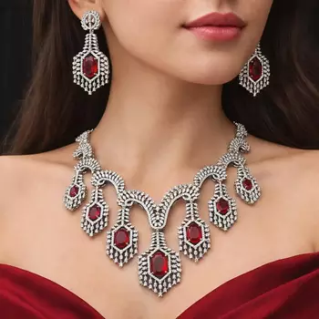 Ruby Red Crystal Bridal Necklace Set Silver Toned Choker Earrings Prom Indian Jewelry 2